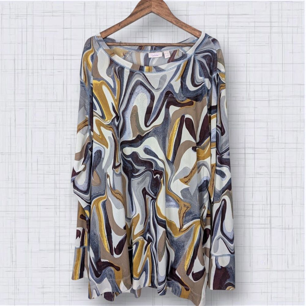 LOGO Layers Abstract Marble Swirl Long Sleeve Nylon Mesh Tunic Top - 2X